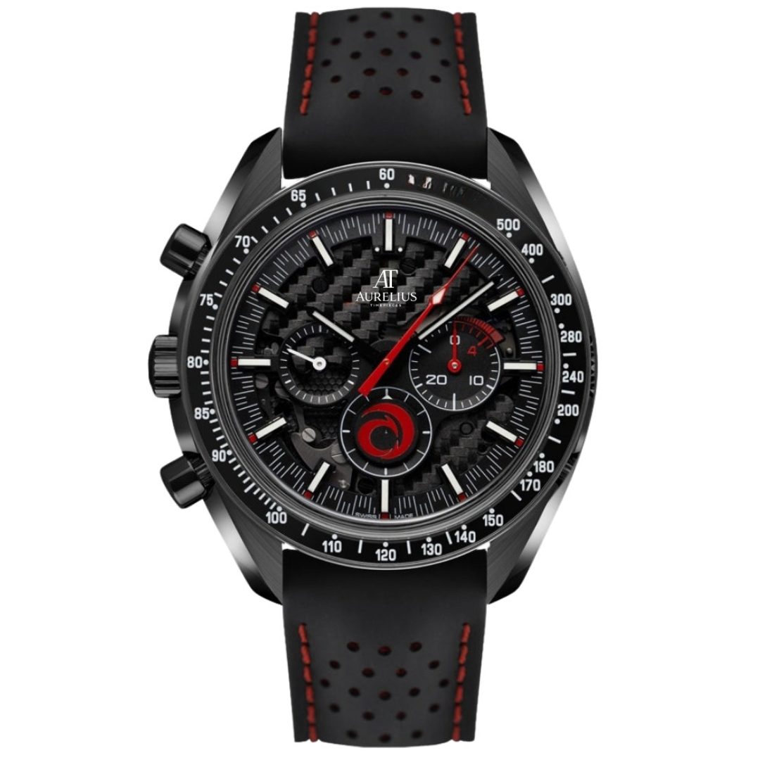 Dark Chronograph 44 – Schwarz Skelett-Zifferblatt mit roten Akzenten | Schwarz Gehäuse & Schwarz Kautschukarmband