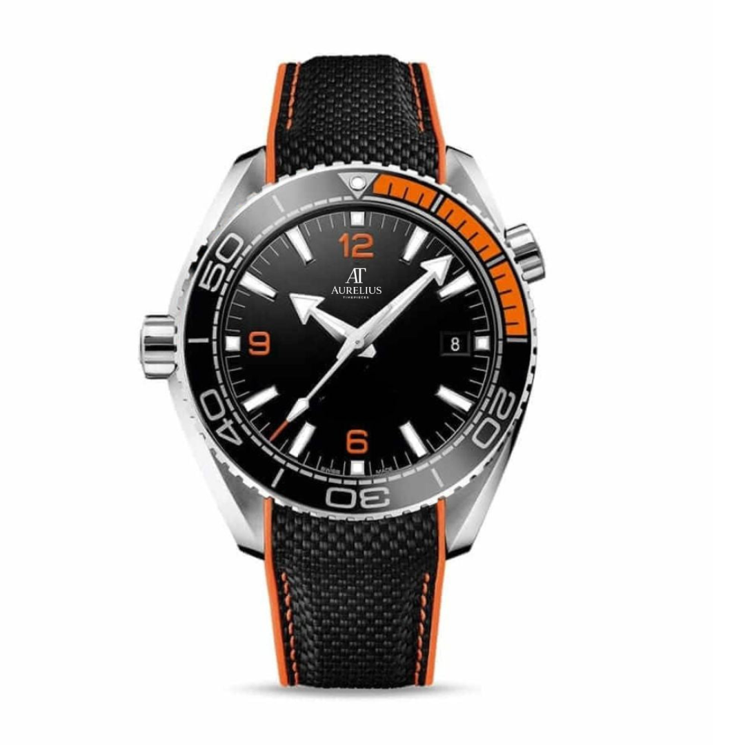 Ocean-Taucher 43 – Schwarz Zifferblatt mit orangen Akzenten | Stahlgehäuse & Stoffarmband & Schwarz-Orange Taucher-Lünette