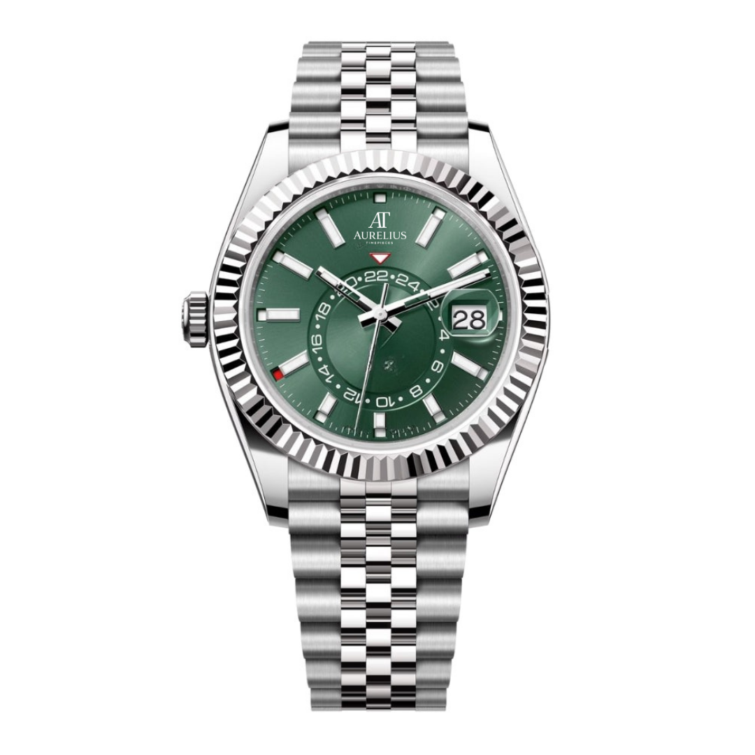 Global Traveller 42 – Grün Sunburst-Zifferblatt | Edelstahl Jubilee-Armband & Geriffelte Lünette