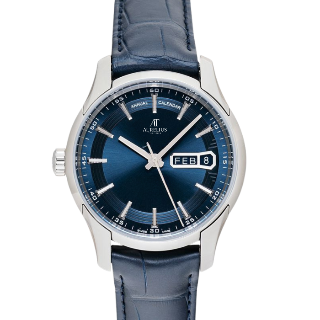 Jahreskalender Global 41 – Blau Weltkarten-Zifferblatt | Stahlgehäuse & Blau Lederarmband