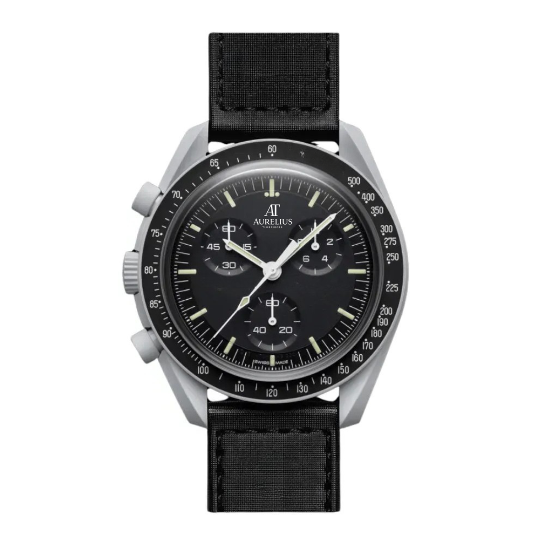 Chronograph 42 – Schwarz Zifferblatt | Mattgrau Gehäuse & Schwarz Stoffarmband & Tachymeter-Lünette