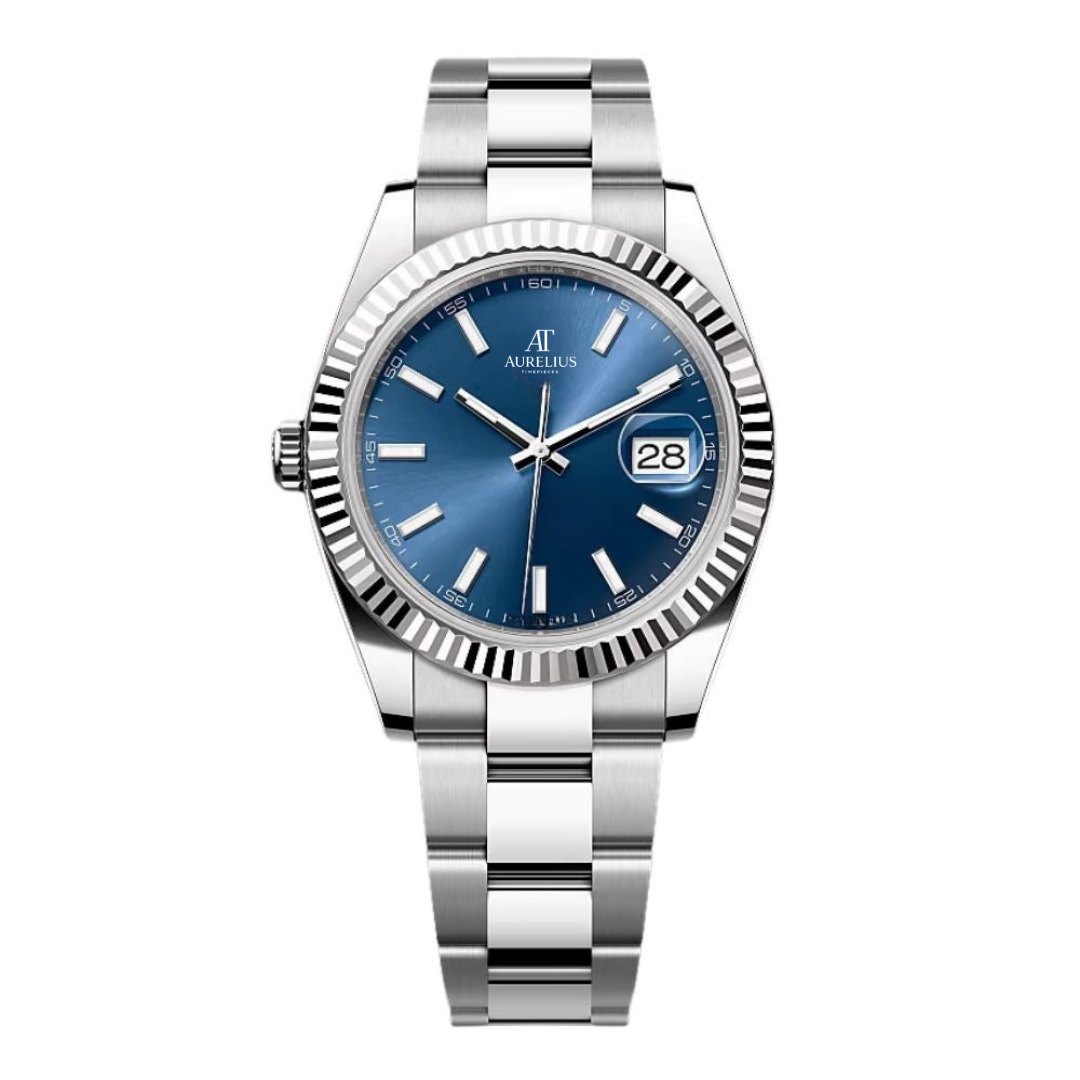 Classic 41 – Blau Sunburst-Zifferblatt | Stahl Armband & Geriffelte Lünette