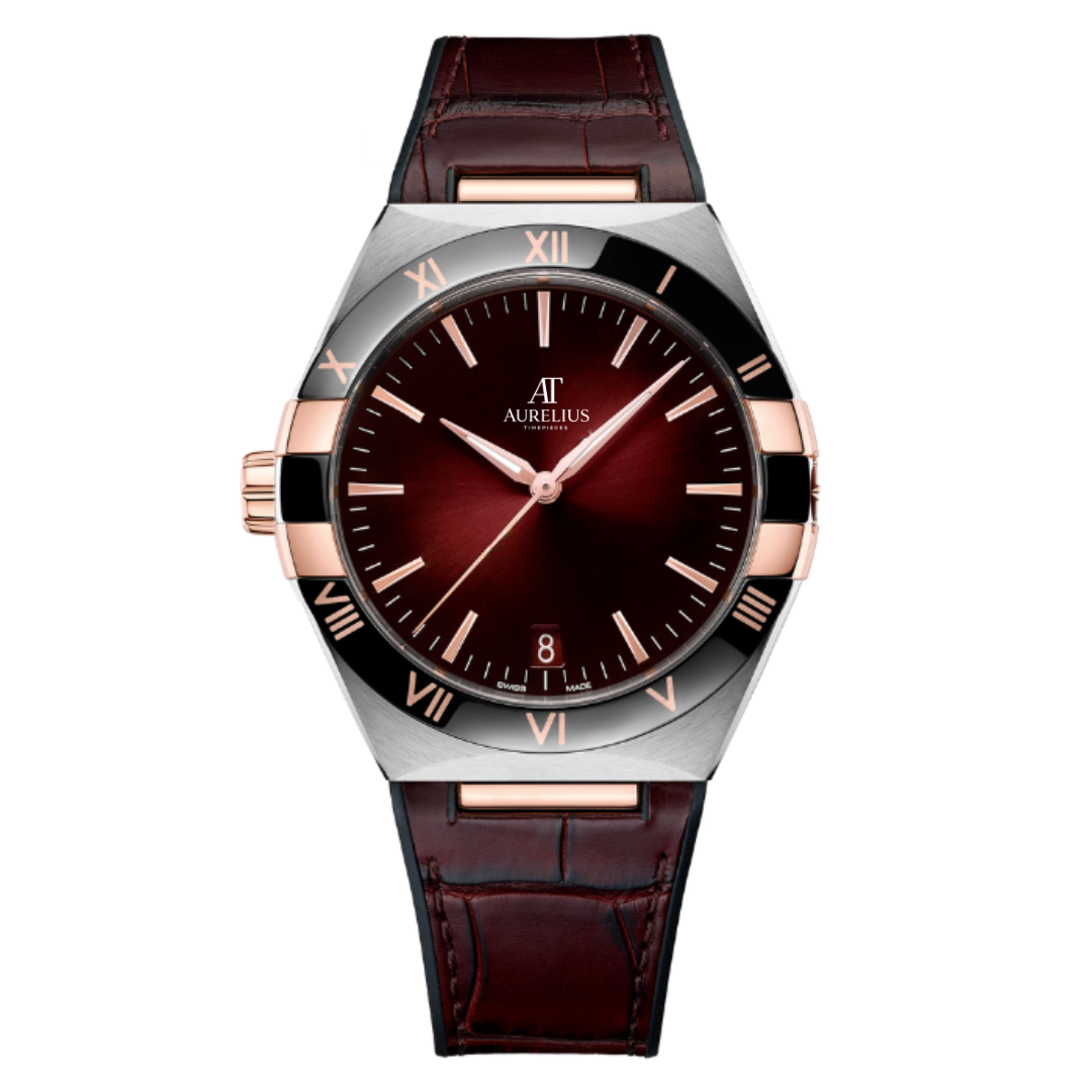 Integrated Signature 41 – Burgund Sunburst-Zifferblatt | Stahl & Roségoldfarben Gehäuse & Schwarz Keramik-Lünette & Lederarmband