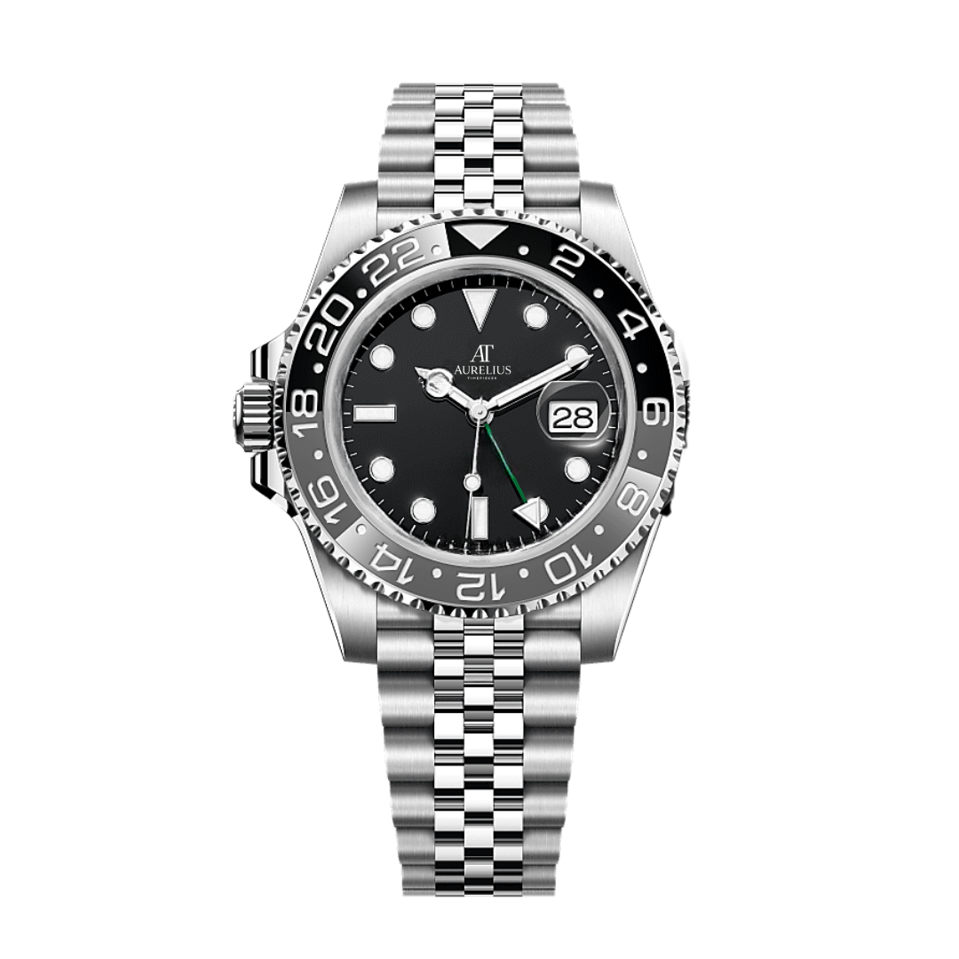 GMT Explorer 40 – Schwarz & Grau Zifferblatt | Edelstahl Jubilee-Armband & Bicolor Keramik-Lünette