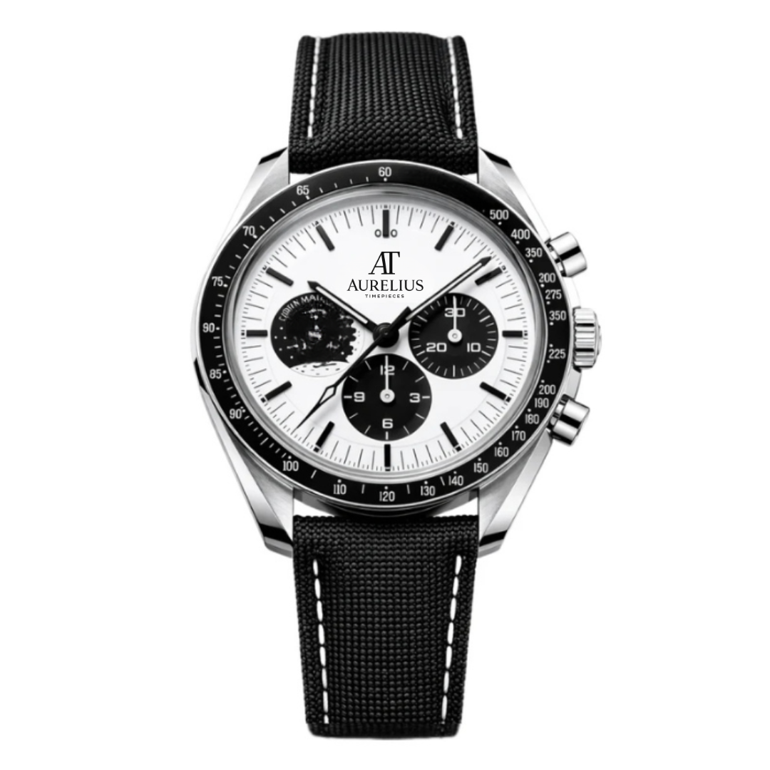Chronograph 42 – Weiß Zifferblatt mit blauen Akzenten | Stahlgehäuse & Blau Stoffarmband & Tachymeter-Lünette