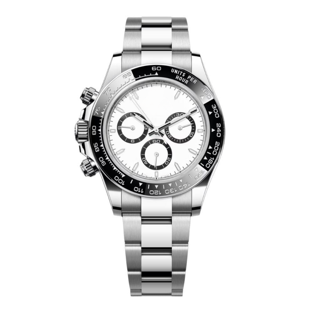 Racing Chronograph 40 – Weiß Zifferblatt | Edelstahlgehäuse & Schwarze Keramik Tachymeter-Lünette