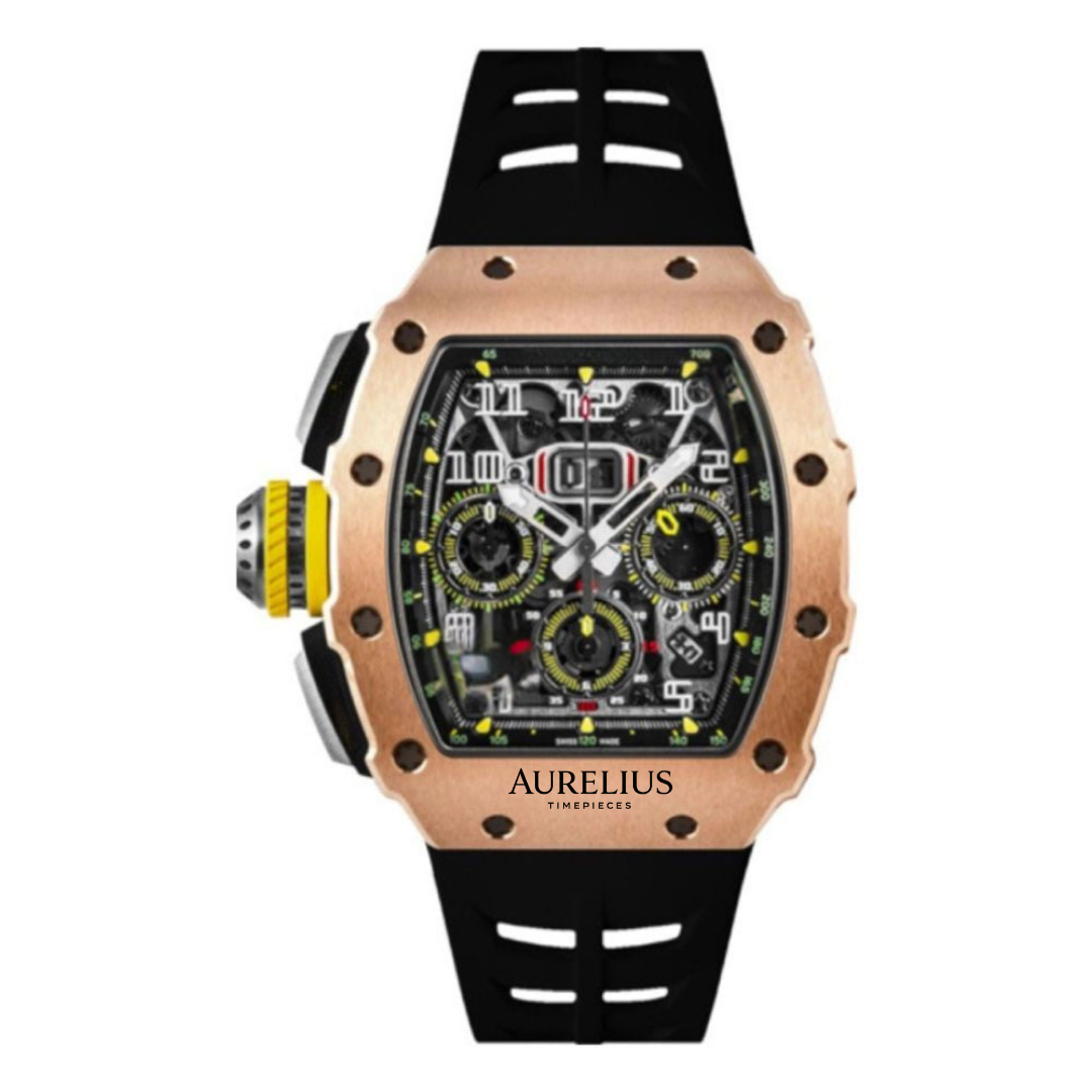Skelett-Chronograph 44 – Skelettiertes Zifferblatt | Roségoldfarben Gehäuse & Kautschukarmband
