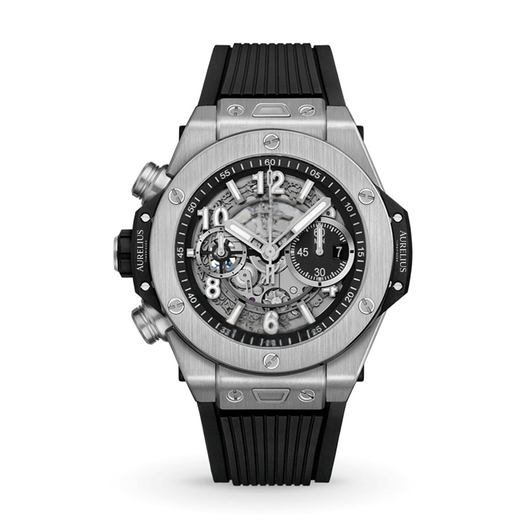 Fusion Chronograph 44 – Schwarz Skelett-Zifferblatt | Silber Gehäuse & Schwarz Kautschukarmband