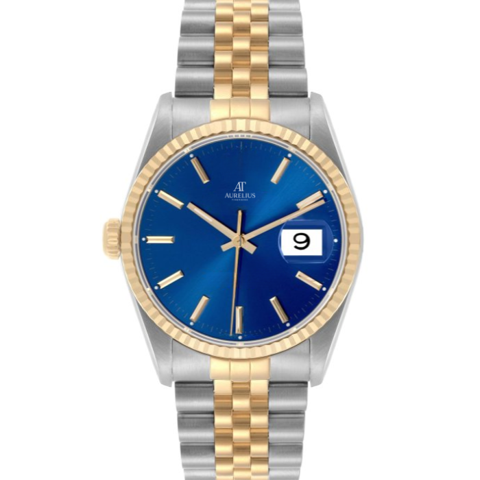 Classic 36 – Blau Zifferblatt | Stahl & Goldfarben Armband & Geriffelte Lünette