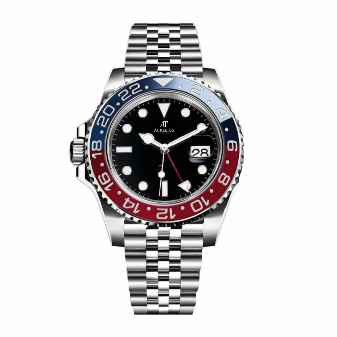 GMT Traveller 40 – Schwarz Zifferblatt | Edelstahl Jubilee-Armband & Rot-Blau Keramik-Lünette