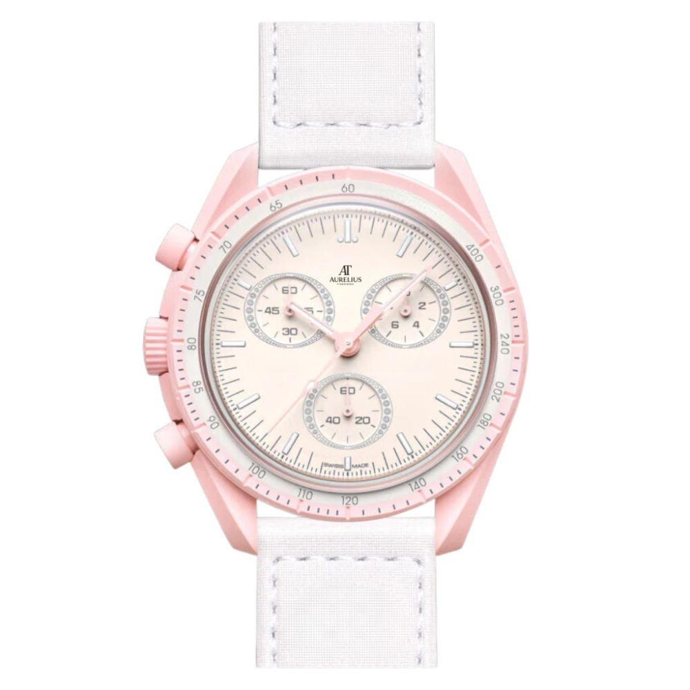 Chronograph 42 – Pink Zifferblatt | Pink Gehäuse & Weiß Armband & Tachymeter-Lünette