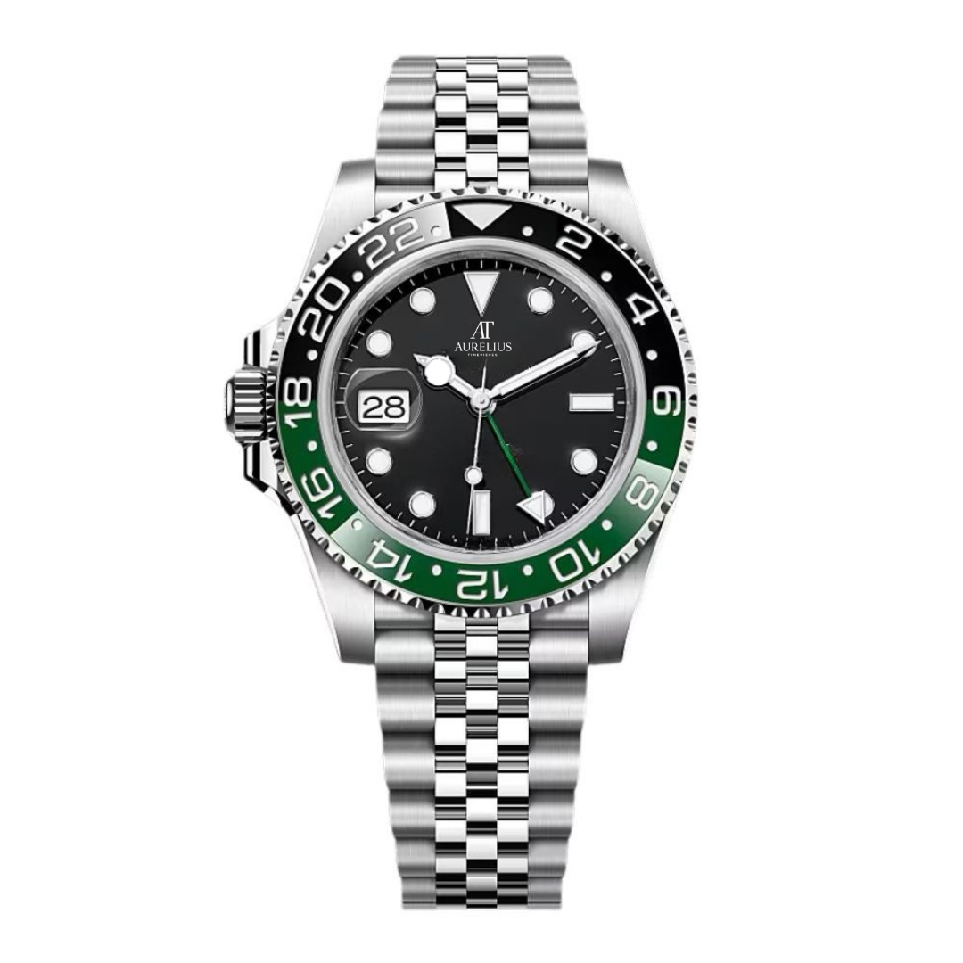 GMT Traveller 40 – Schwarz Zifferblatt | Edelstahl Jubilee-Armband & Schwarz-Grün Keramik-Lünette