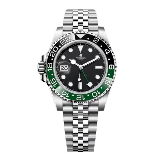 GMT Traveller 40 – Schwarz Zifferblatt | Edelstahl Jubilee-Armband & Schwarz-Grün Keramik-Lünette