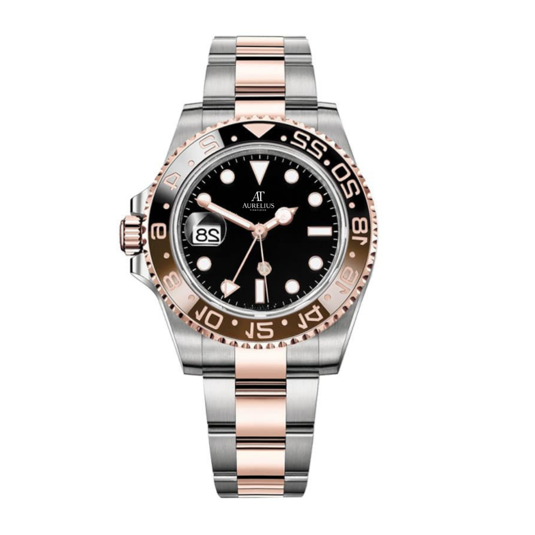 GMT Traveller 40 – Schwarz Zifferblatt | Bicolor Edelstahl & Roségoldfarben Armband mit Braun-Schwarz Keramik-Lünette