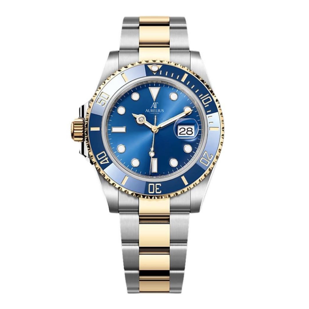 Ocean-Taucher 40 – Blau Sunburst-Zifferblatt | Bicolor Edelstahl & Goldfarben Armband mit Blau Keramik-Lünette