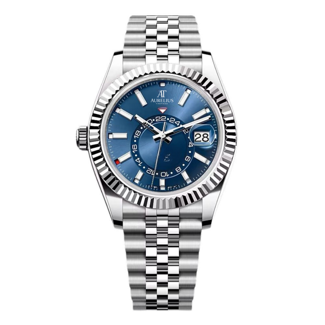 Global Traveller 42 – Blau Sunburst-Zifferblatt | Edelstahl Jubilee-Armband & Geriffelte Lünette
