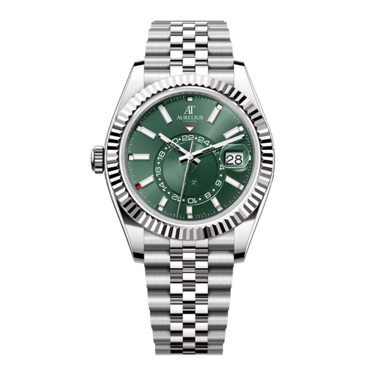 Global Traveller 42 – Grün Sunburst-Zifferblatt | Edelstahl Jubilee-Armband & Geriffelte Lünette