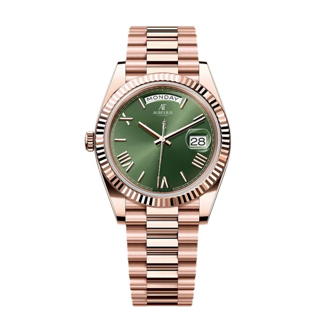 Executive Day-Date 40 – Grünes Sunburst-Zifferblatt | Roségoldfarbenes President-Armband & geriffelte Lünette