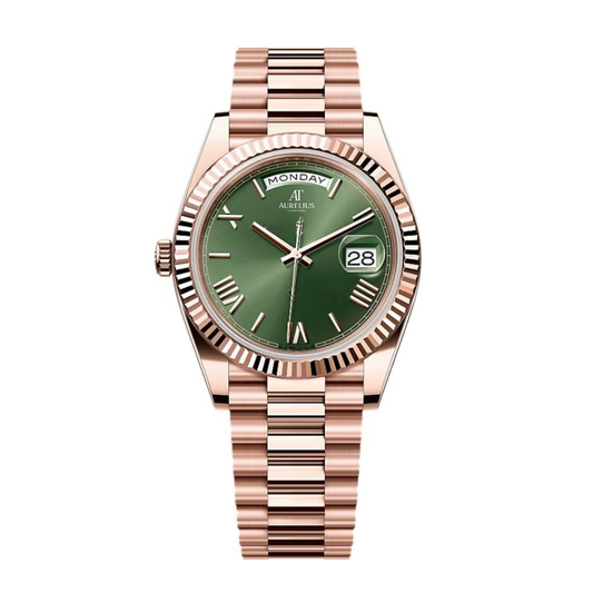 Executive Day-Date 40 – Grünes Sunburst-Zifferblatt | Roségoldfarbenes President-Armband & geriffelte Lünette