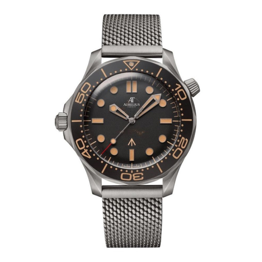 Tactical-Taucher 42 – Schwarz Vintage-Zifferblatt | Titan Mesh-Armband & Braun Aluminium Taucher-Lünette