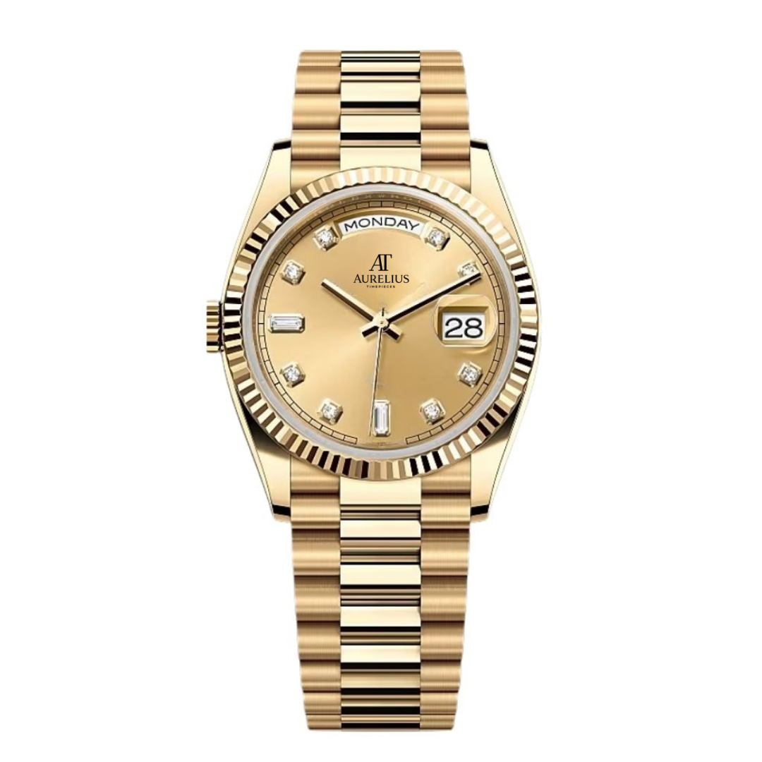 President 40 – Champagnerfarbenes Zifferblatt | Goldfarbenes Armband & Diamantindexe