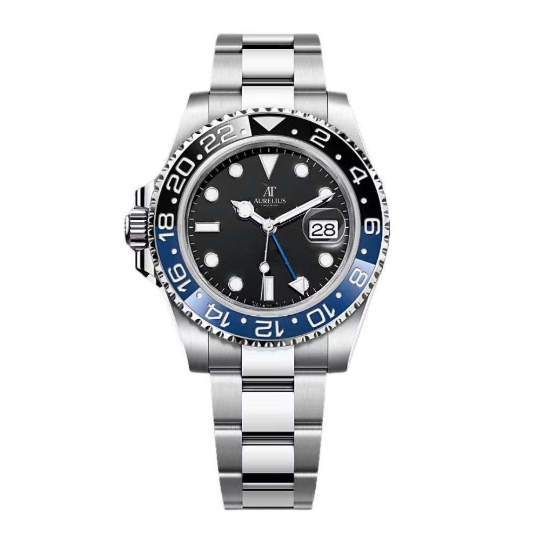 GMT 40 – Schwarz Zifferblatt | Stahl Armband & Blau-Schwarz Keramik-Lünette