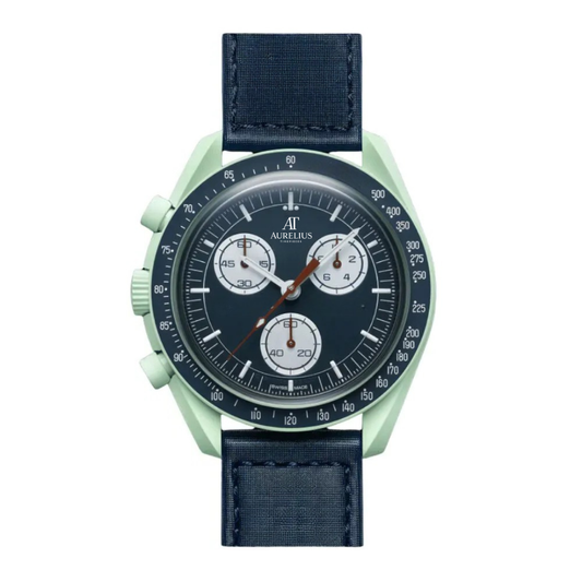 Chronograph 42 – Blau & Grün Zifferblatt | Sandfarben Gehäuse & Blau Stoffarmband & Tachymeter-Lünette