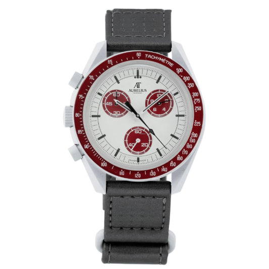 Chronograph 42 – Weiß Zifferblatt mit roten Akzenten | Rot Gehäuse & Weiß Armband & Tachymeter-Lünette