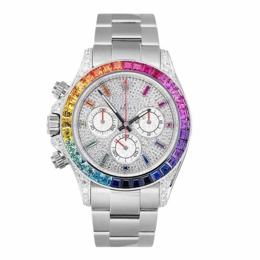 Chronograph 40 – Weiß Diamant-Zifferblatt | Silberfarben Armband & Regenbogen-Edelstein-Lünette