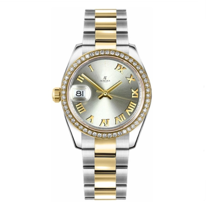 Classic 41 – Schiefergrau Zifferblatt | Stahl & Goldfarben Armband & Diamant-Lünette