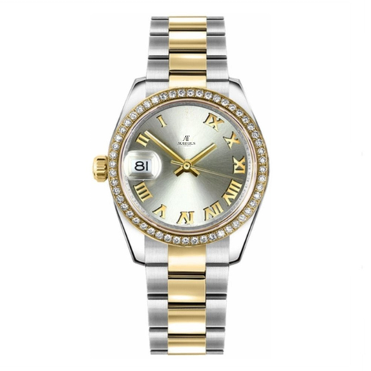 Classic 41 – Schiefergrau Zifferblatt | Stahl & Goldfarben Armband & Diamant-Lünette