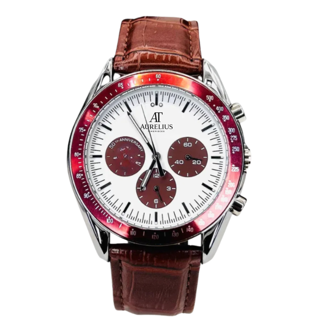 Professional Chronograph 42 – Weiß Zifferblatt mit roten Hilfszifferblättern | Stahlgehäuse & Braun Lederarmband & Rot Tachymeter-Lünette