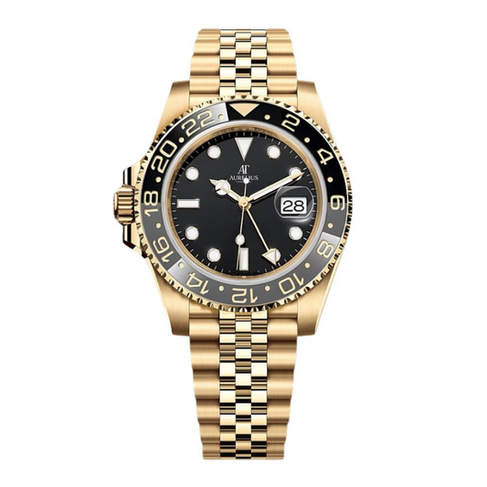 Dual Time 40 – Schwarz Zifferblatt | Goldfarben Jubilee-Armband & Grau-Schwarz Keramik-Lünette