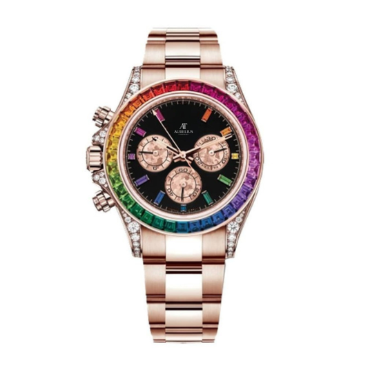 Chronograph 40 – Schwarz Zifferblatt | Roségoldfarben Armband & Mehrfarbige Edelstein-Lünette