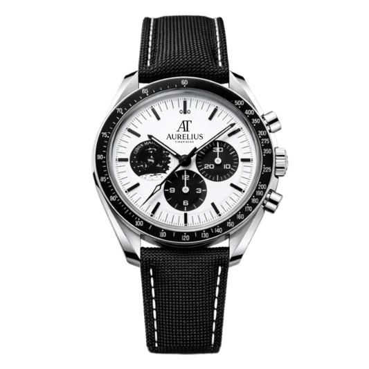 Chronograph 42 – Weiß Zifferblatt mit blauen Akzenten | Stahlgehäuse & Blau Stoffarmband & Tachymeter-Lünette