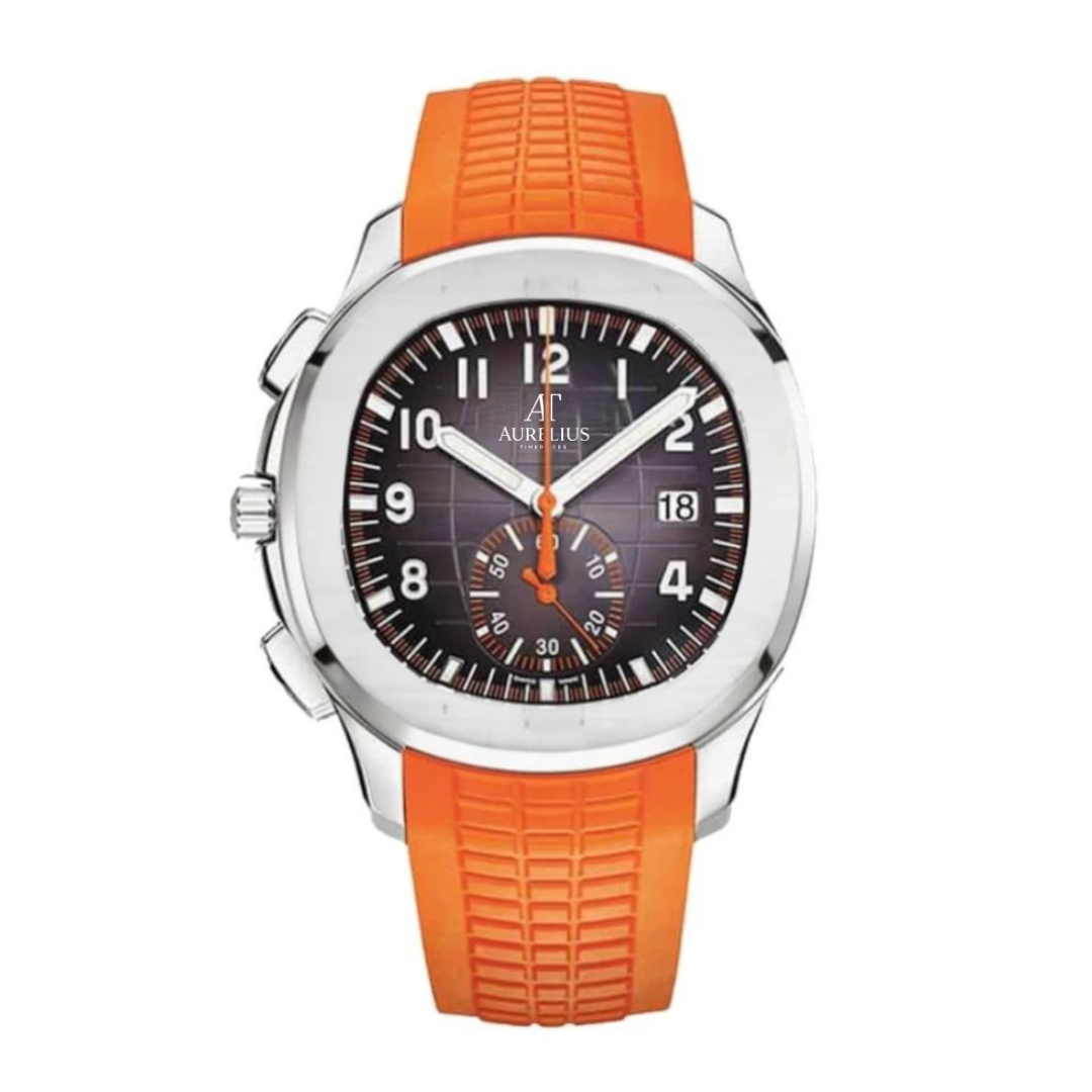 Sport-Chronograph 42 – Schwarz Geprägtes Zifferblatt mit orangen Akzenten | Stahlgehäuse & Schwarz Kautschukarmband