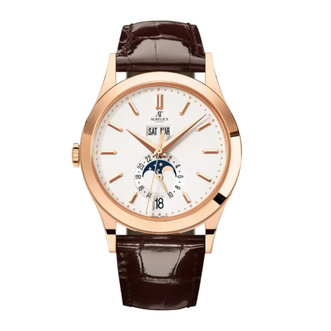 Jahreskalender 38 – Weiß Zifferblatt | Roségoldfarben Gehäuse & Braun Lederarmband