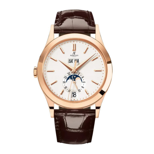 Jahreskalender 38 – Weiß Zifferblatt | Roségoldfarben Gehäuse & Braun Lederarmband