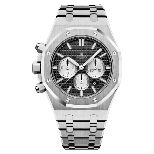 Chronograph 41 – Schwarz Zifferblatt | Stahl Armband & Achteckige Lünette