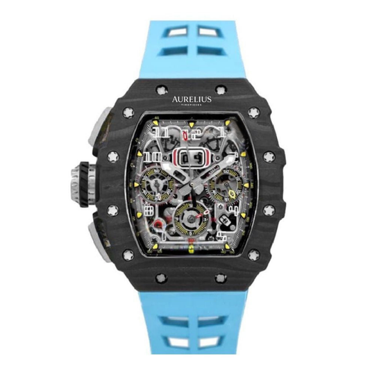 Skelett-Chronograph 44 – Skelettiertes Zifferblatt mit gelben Akzenten | Carbon-Gehäuse & Blau Kautschukarmband