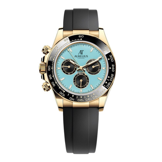 Ocean-Chronograph 40 – Türkisblau Zifferblatt | Goldfarben Gehäuse & Schwarz Kautschukarmband