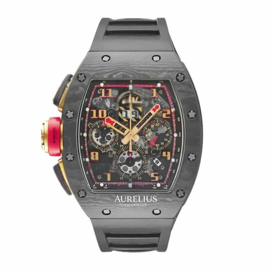 Skelett-Chronograph 44 – Schwarz Zifferblatt mit roten Akzenten | Carbon-Gehäuse & Schwarz Kautschukarmband