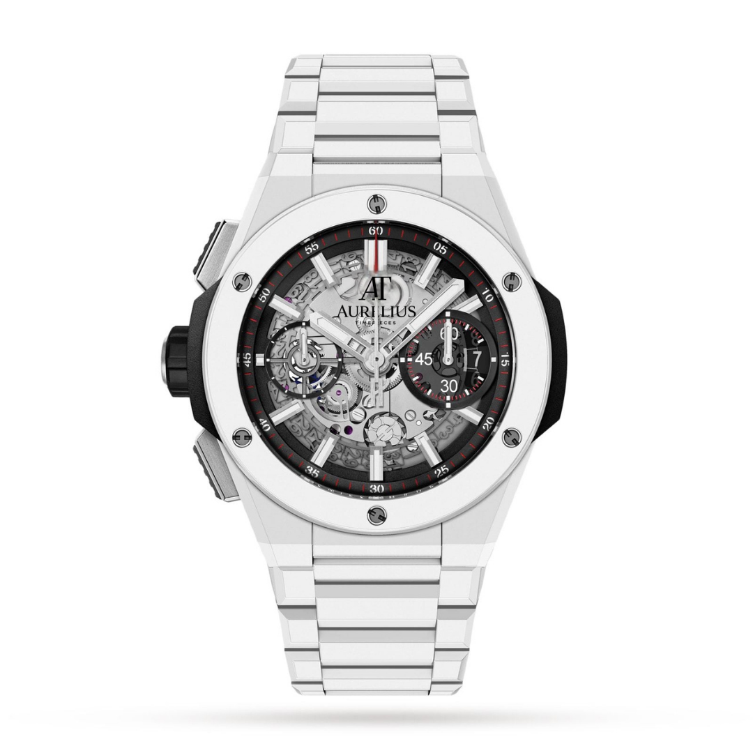 Fusion Chronograph 42 – Schwarz Skelett-Zifferblatt | Weiß Gehäuse & Schwarz Kautschukarmband