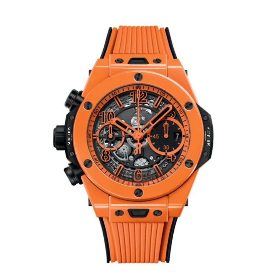 Fusion Chronograph 42 – Schwarz Skelett-Zifferblatt | Orange Keramikgehäuse & Schwarz Kautschukarmband