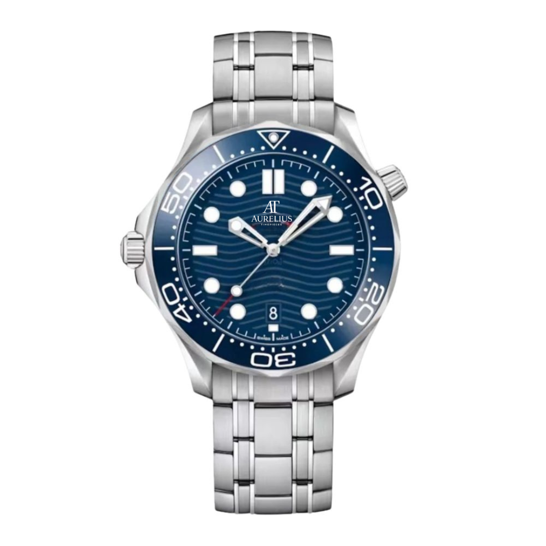 Taucher 42 – Blau Wave-Zifferblatt | Stahl Armband & Blaue Keramik Taucher-Lünette