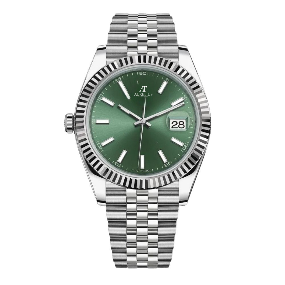 Classic Datum 41 – Grün Sunburst-Zifferblatt | Edelstahl Jubilee-Armband & Geriffelte Lünette