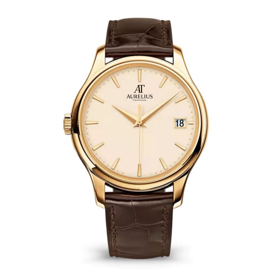 Classic 39 – Elfenbein Zifferblatt | Goldfarben Gehäuse & Braun Lederarmband