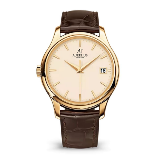 Classic 39 – Elfenbein Zifferblatt | Goldfarben Gehäuse & Braun Lederarmband