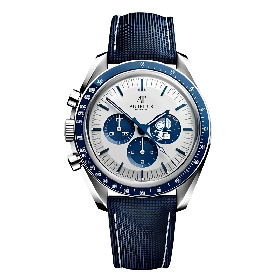 Chronograph 42 – Weiß Zifferblatt mit blauen Hilfszifferblättern | Stahlgehäuse & Blau Armband & Tachymeter-Lünette