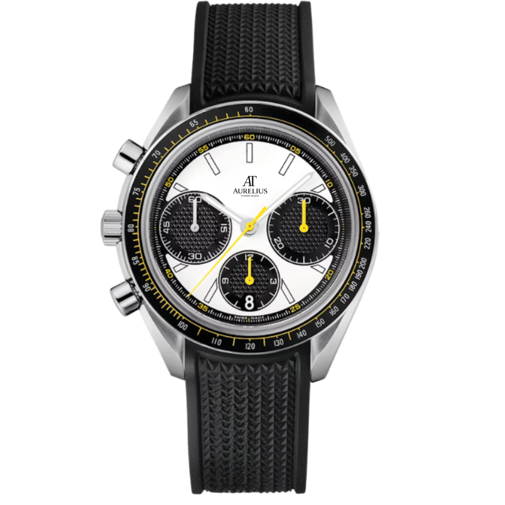 Racing Chronograph 42 – Weiß Zifferblatt mit schwarzen Hilfszifferblättern | Stahlgehäuse & Schwarz Kautschukarmband & Schwarz-Gelb Tachymeter-Lünette